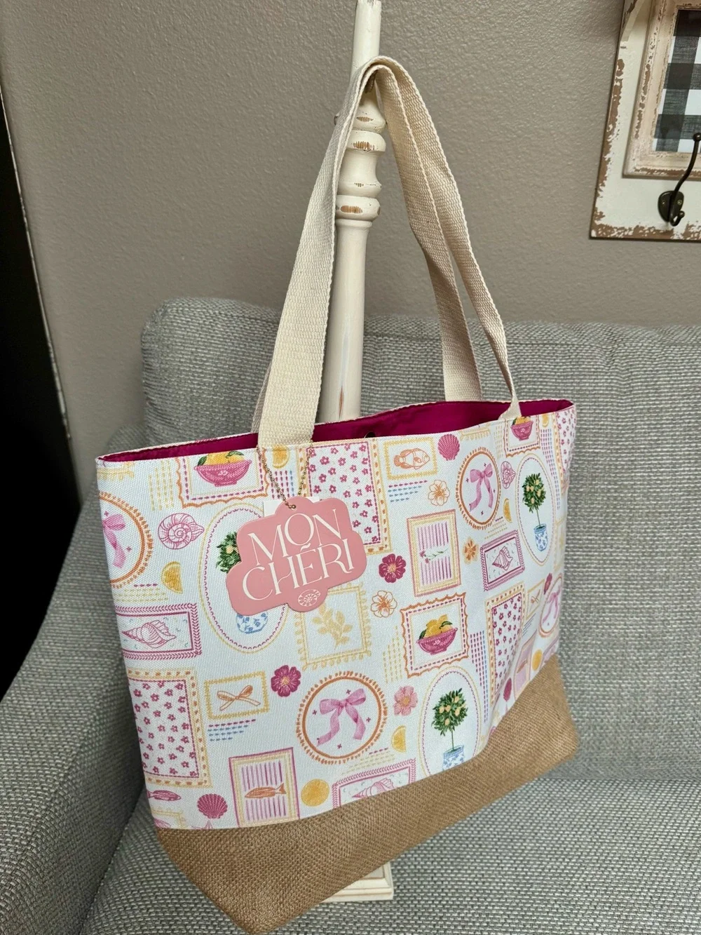New Lemon Tree, Pink Nautical & Floral Canvas Tote Book Bag Reusable Burlap NWT